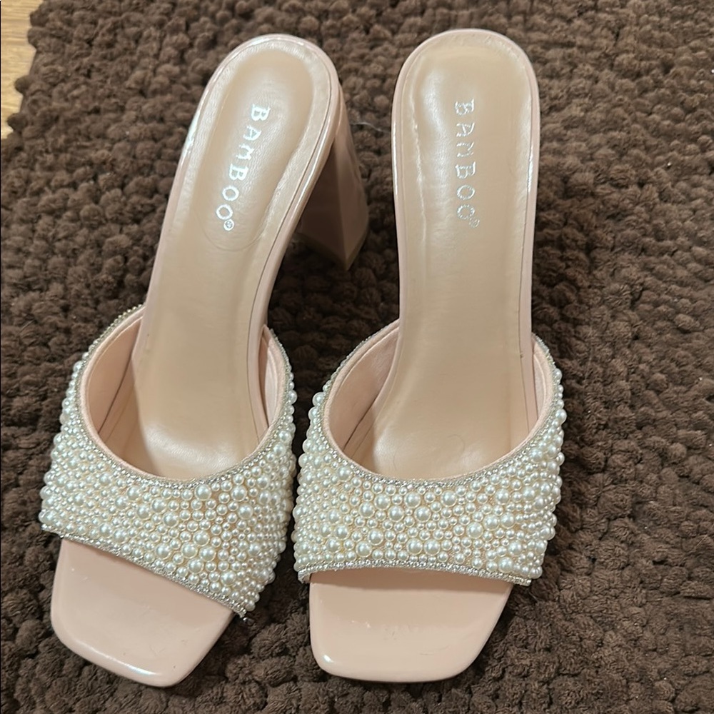BAMBOO Pink and Cream Heels with Pearl Embellishments